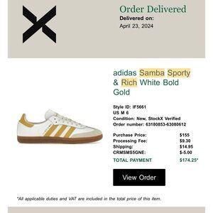 Adidas sporty & Rich Samba White and Gold size M6 W8